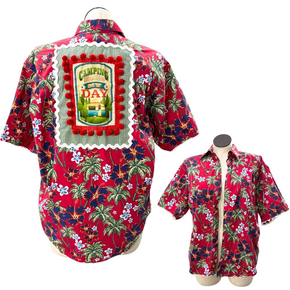 Vintage Size L Hawaiian Camp Shirt DIY Embellished Upcycled Vacation Colorful